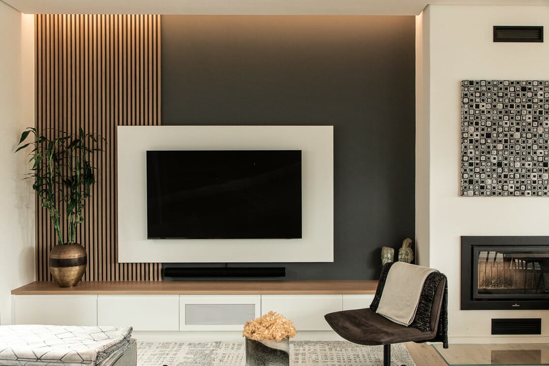 TV unit joinery featuring timber slats done by Craft Furniture